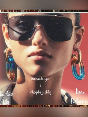 AUTHENTIC PACO RABANNE Gold Orange Blue XL Link Double Hoop Earrings NWT